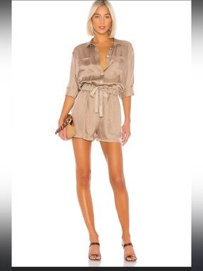 cinq a sept Taupe Satin Tie-Waist Romper